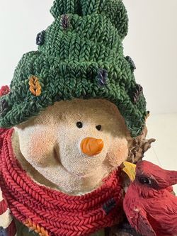 Resin Christmas Snowman Figurine Candy Cane Cardinal Winter Knit Hat 11"