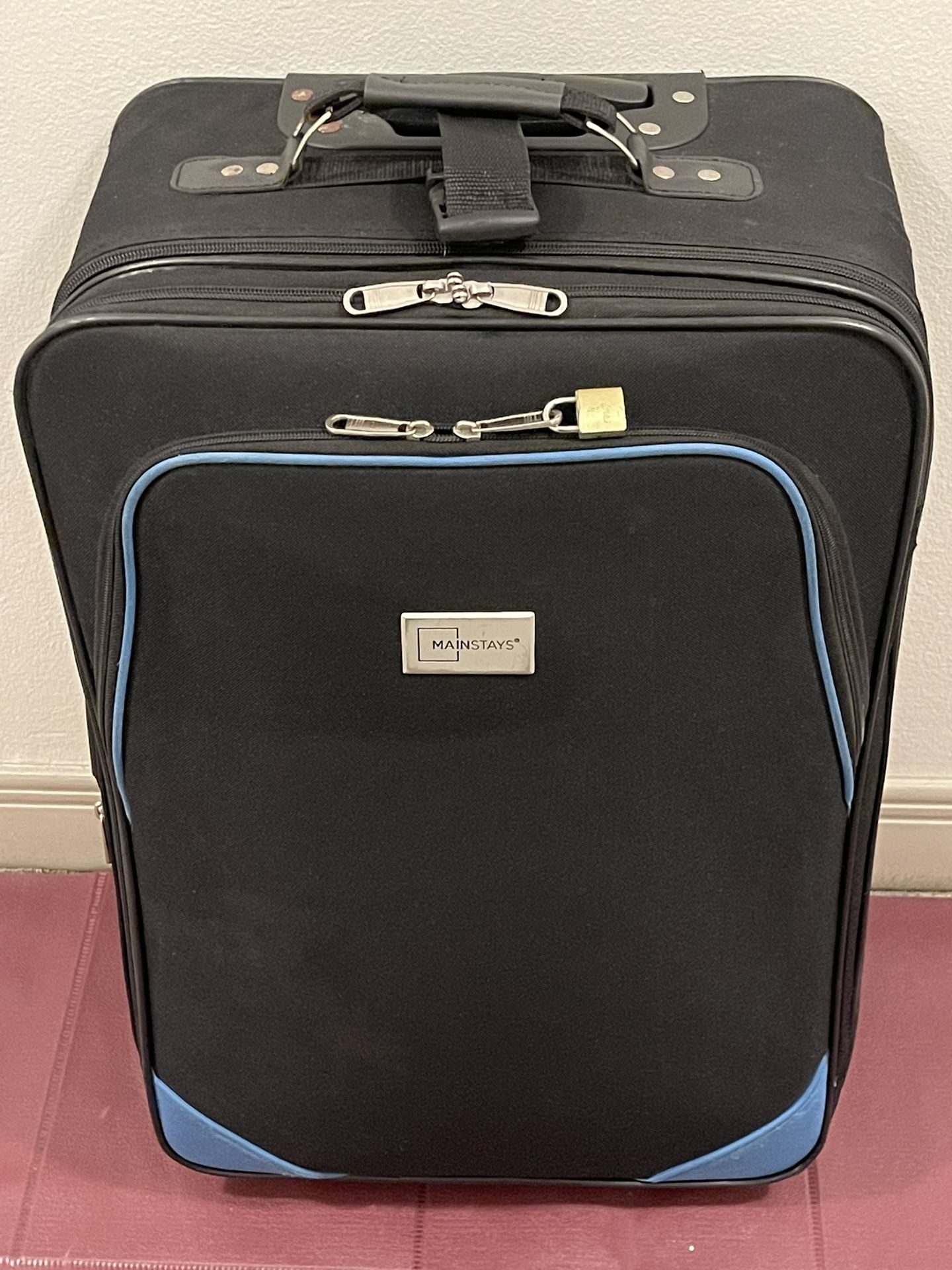 25"H (incl. wheels) x 16"W x 10.5" D (+1" extra expansion), 2-Wheel, Black Soft-Side LUGGAGE - posted price is firm.