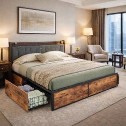 King Bed Frame with 4 Storage Drawers, Platform Bed with Charged Headboard, Sturdy and Stable, No Noise, No Box Spring Needed, Easy to Install, Vintag