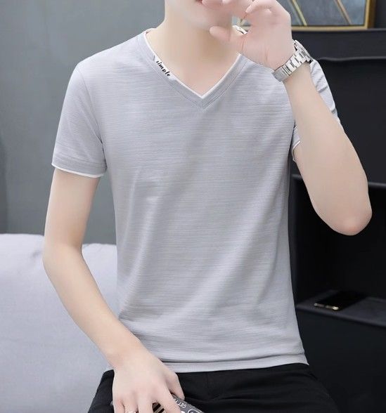 Summer men's pure cotton short-sleeved t-shirt, slim-fitting half-sleeve base shirt, V-neck solid-color shirt, trendy youth lightweight top