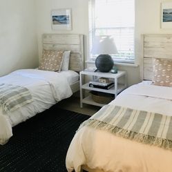 2 Twin Bed Frames, Mattresses, Nightstand, Lamp And Twin Quilts