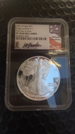2021 S PROOF SILVER EAGLE T-2 NGC PF70 UCAM FIRST DAY ISSUE GAUDIOSO SIGNED