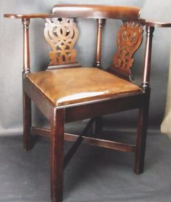 Antique Chippendale Chinese Courtship Corner Chair Wood & Leather