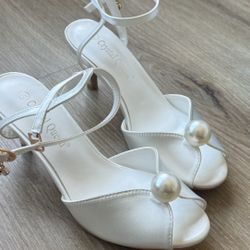 New White Satin Pearl Peep-Toe Heels, Sz 37 (US 6.5/7)