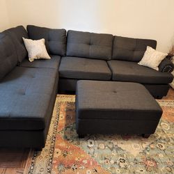 Brand New Charcoal Linen Sectional Sofa +Storage Ottoman (New In Box) 