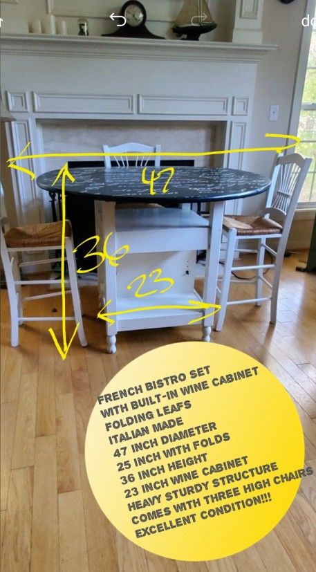 Price DROP!!! FRENCH BISTRO SET WINE CABINET WITH THREE HIGH BAR CHAIRS