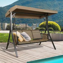 Brown 3-Person Metal Porch Swing with Convertible Canopy
