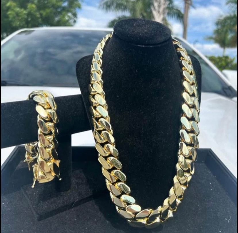 14k & 18k Set Miami Cuban Link Gold Plated 20mm Heavy Chain & Bracelet Set