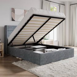 Queen Size Lift Up Storage Bed/Modern Wingback Headboard/Upholstered Platform Bed Frame/Hydraulic Storage/No Box Spring Needed/Wood Slats Support/Grey