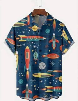 🚀 New! Bright Rocket Shirt Button Down Casual Planet Shirt w Pocket Size Large