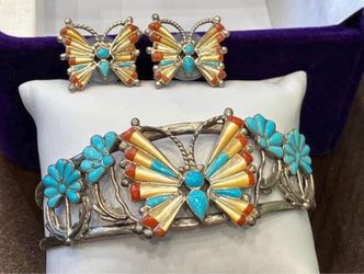 Incredible Sterling Silver 3D gemstones Butterfly Cuff Bangle Bracelet w/ matching earrings