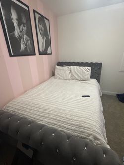 Queen Grey Velvet Glam Bed Frame – Tufted Headboard & Footboard