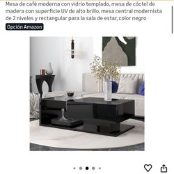 Mesa de café moderna con vidrio templado, mesa de cóctel de madera con superficie UV de alto brillo, mesa central modernista de 2 niveles y rectangula