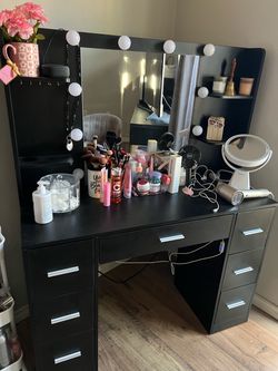 Black Vanity Desk with Mirror and 7 Drawers