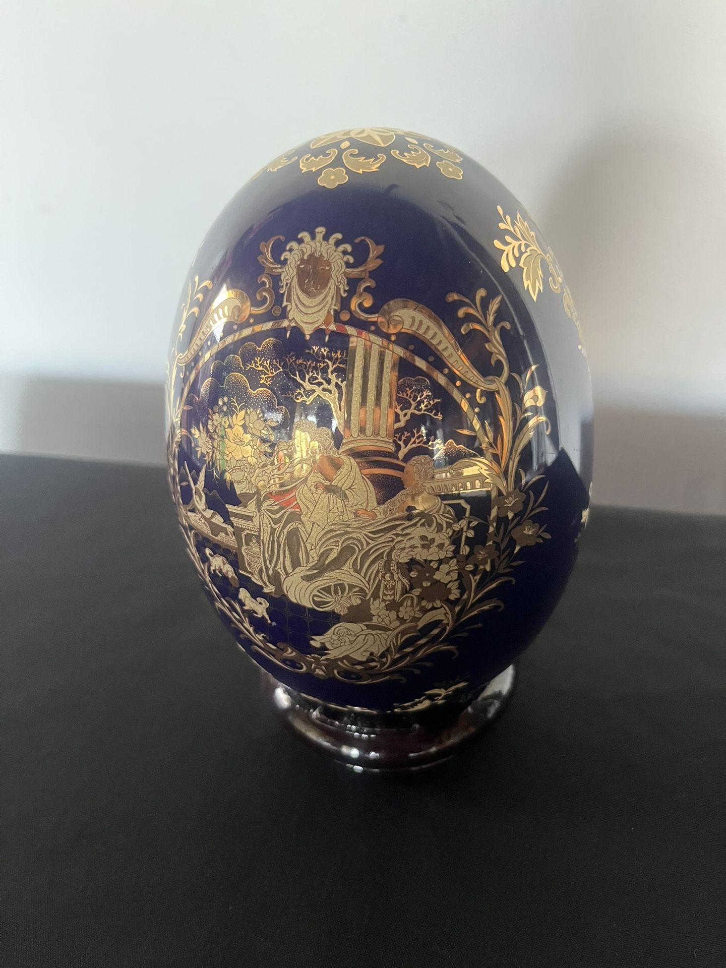 Vintage Porcelain Egg - Blue - Limoges - Roman Scene - Original Box w/ Stand