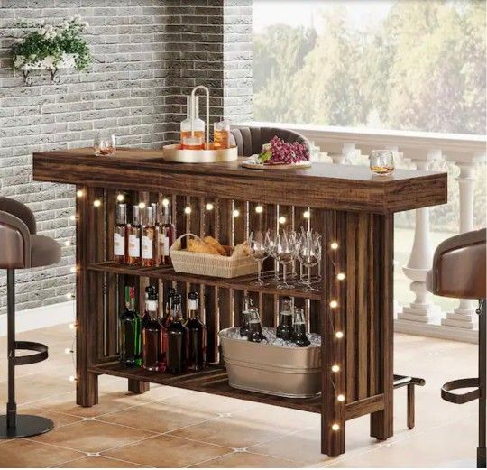 63 in. Corner Bar Home Table with Storage 2-Tier Bar Cabinet Unit Liquor Bistro Table Farmhouse