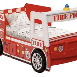 Red Fire Truck Kids Twin Bed Frame with Light-Up LED headlights! - NEW