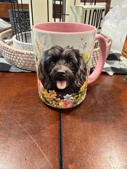 Dog Floral Ceramic Coffee Mug Pink Handle