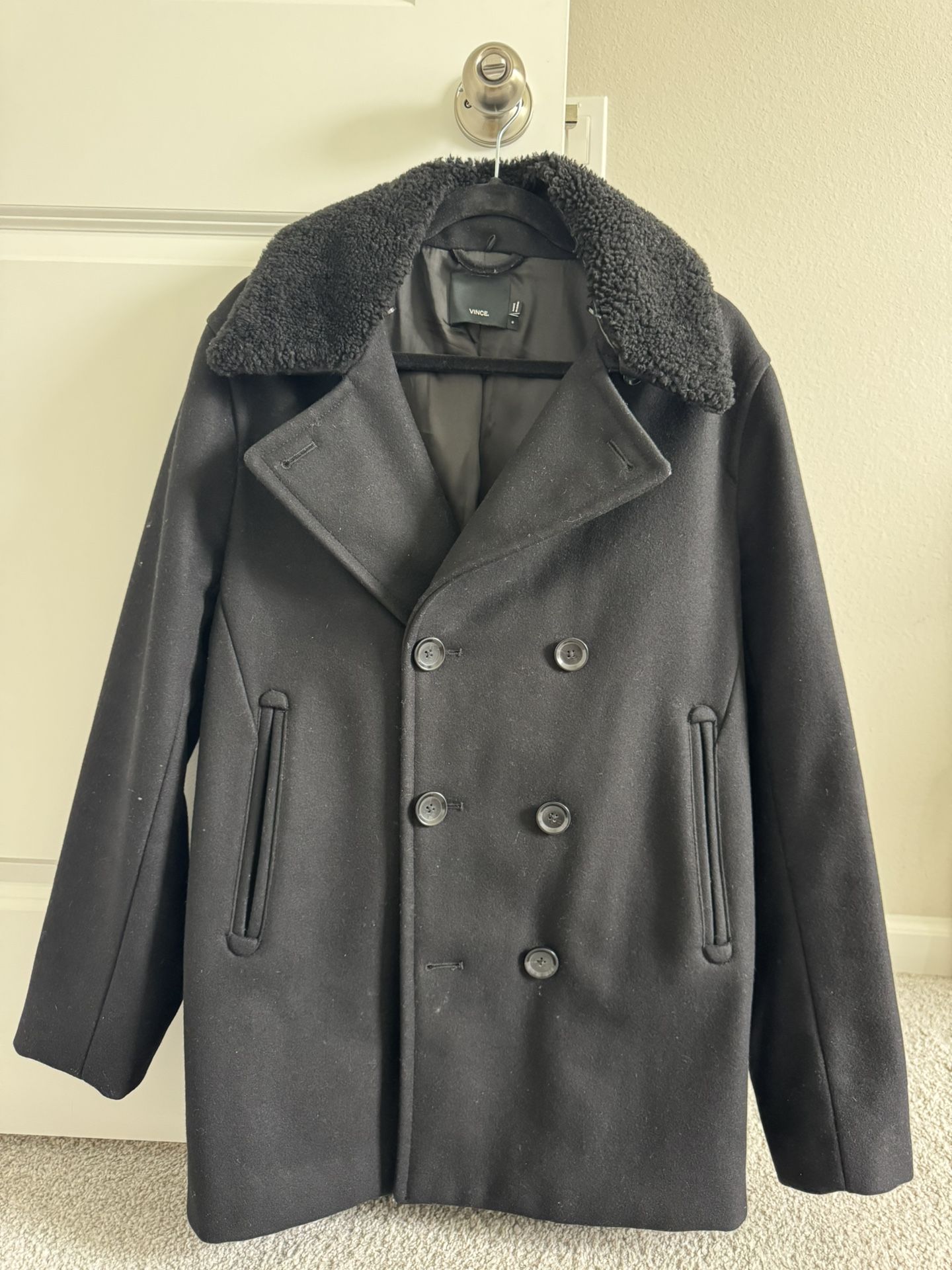 Vince Men's Black Coat - Wool & Cashmere Blend - Good Condition - Small Size