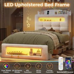Twin Size Upholstered Platform Bed Frame with LED Lighting, (Twin)
