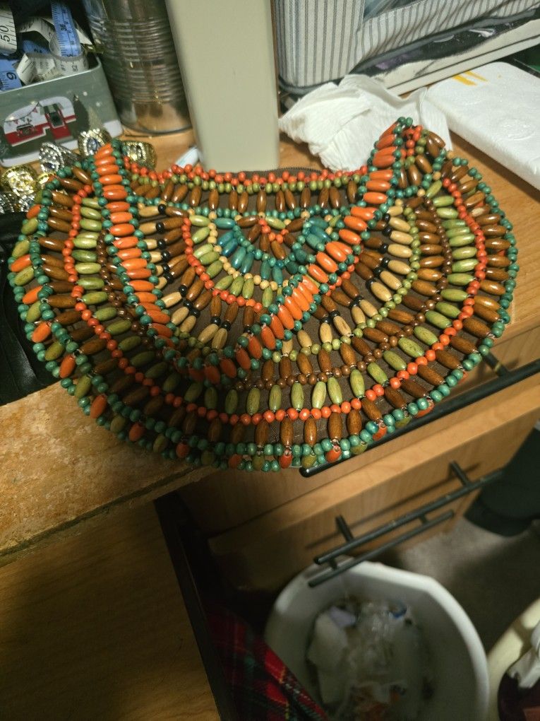 Wooden Beaded Boho Medium Hanbag Brown Fabric Inside With A Pocket