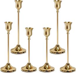 Gold Candlestick Holders Set of 6, Weighted Base 3 heights, wide weighted base, aluminum alloy, 0.9 in cup, fits taper dinner and slim LED candles, we