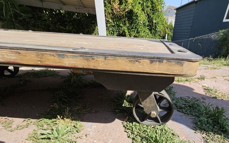 Wooden Industrial or Factory Cart with Cast Iron Wheels