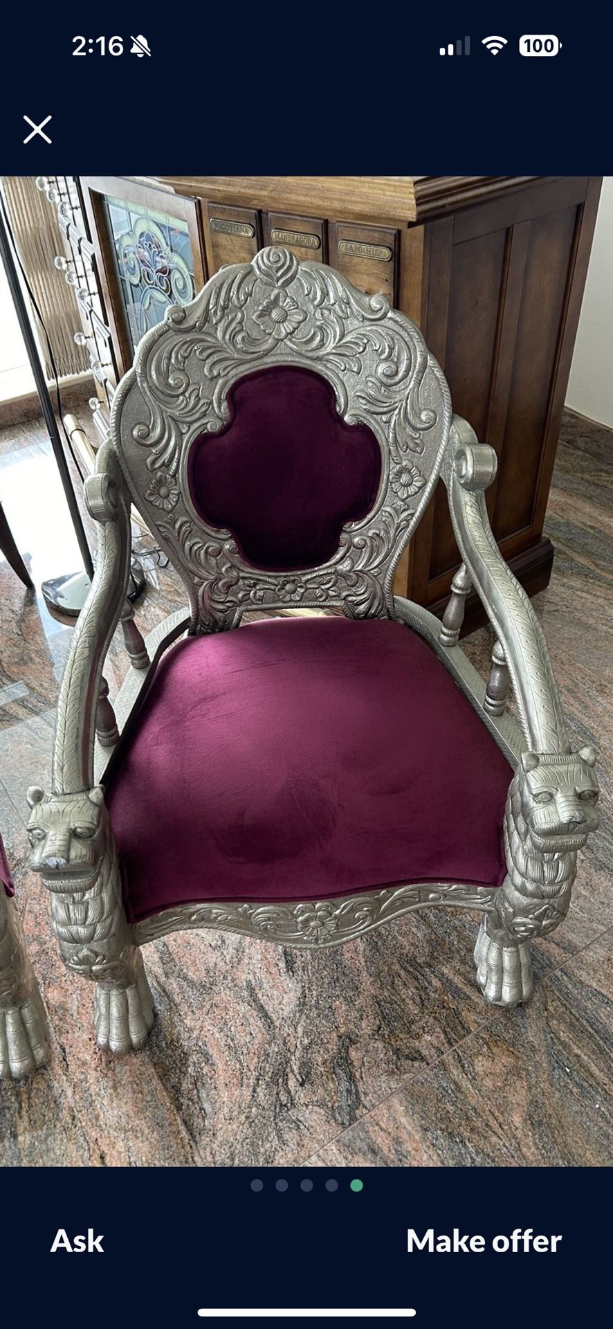 Victorian Throne Chair With Lion Panther Heads & Flowers. Wood With Metal Finish. Fabulous!  $500 Per Armchair.  Sofa Couch Also Listed.  