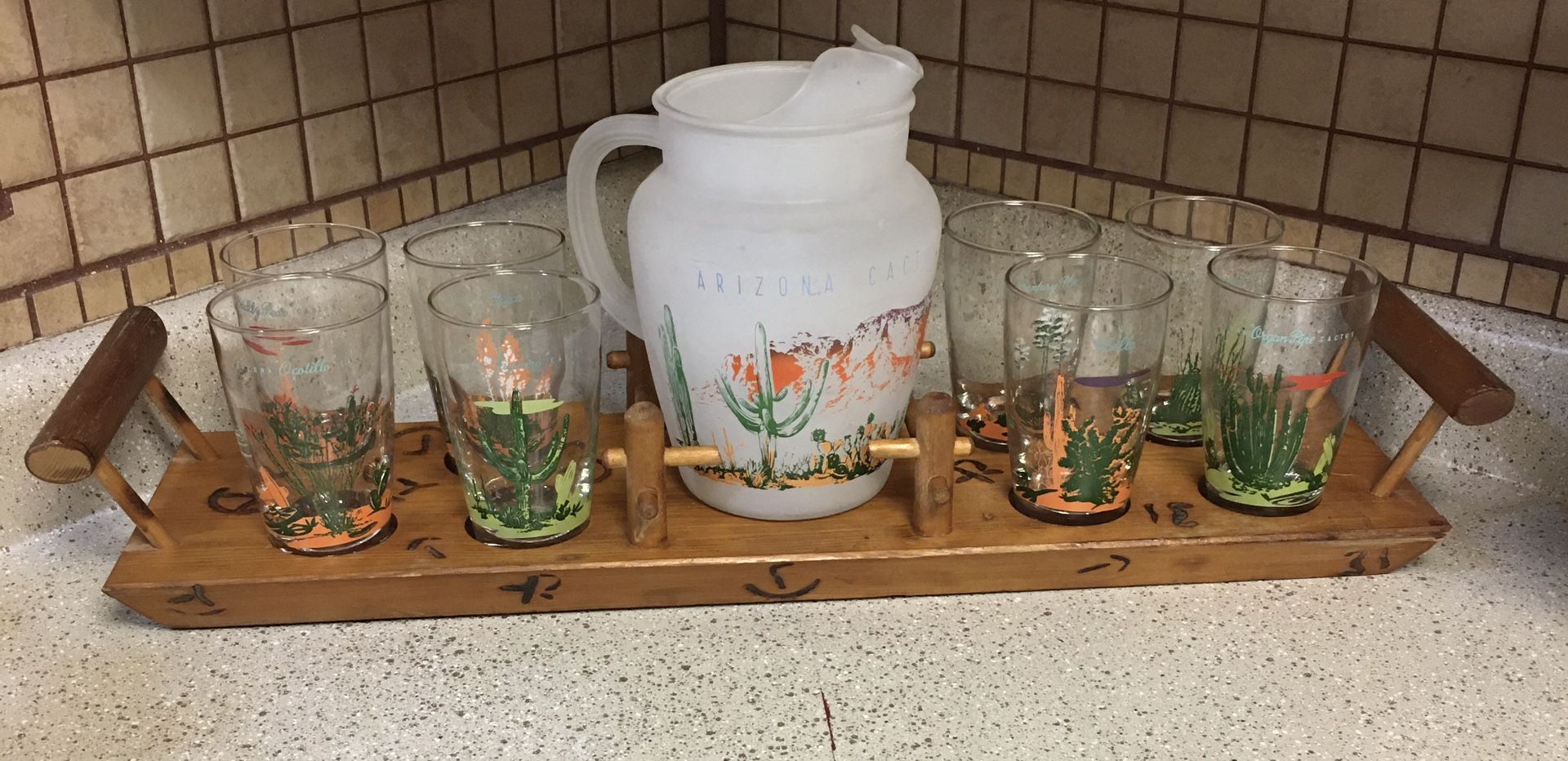 Blakely Gas Station Glasses And Pitcher Set On A Regional Tray