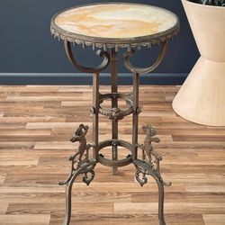 Antique Victorian Style End Table with Angel Motifs & Stone Top, c.1920’s - Delivery Available