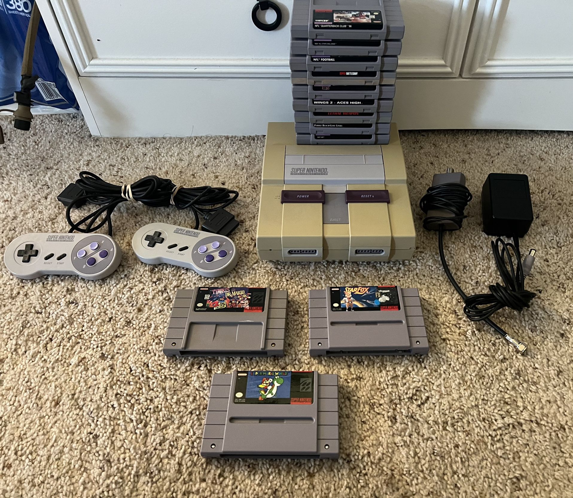 Nintendo SNES Super Nintendo Bundle with two controllers and games