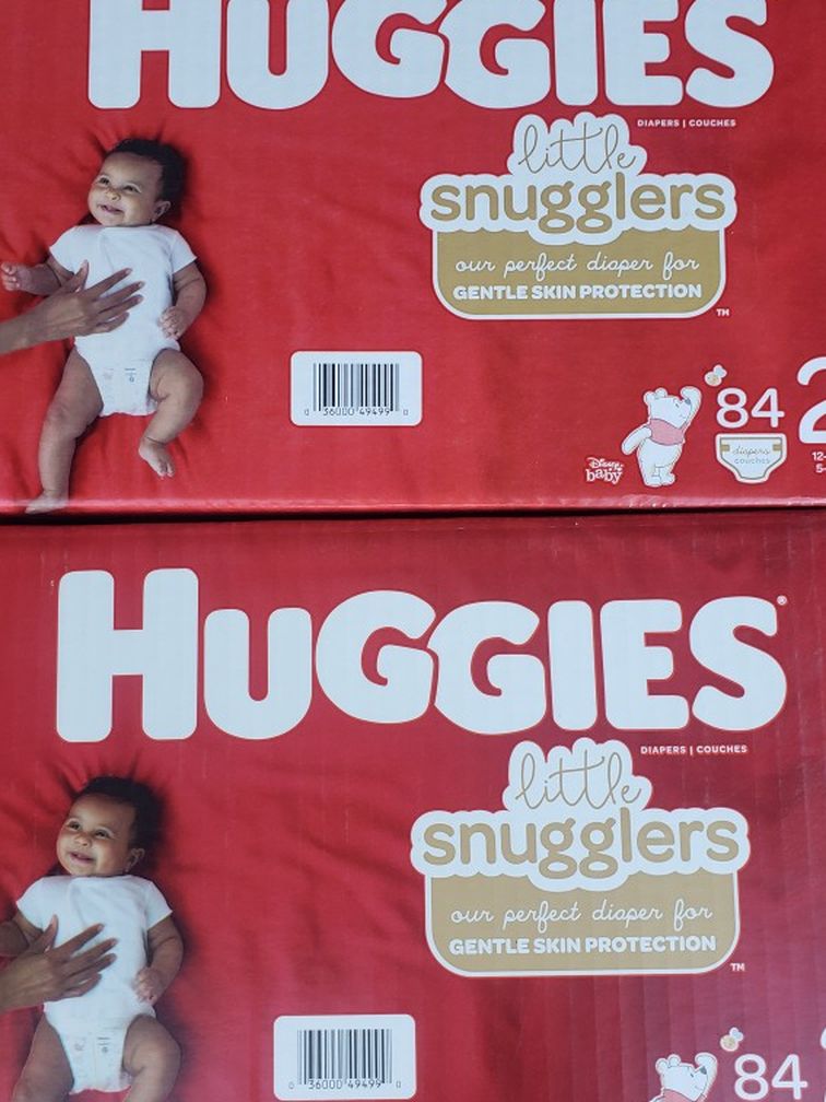 2 HUGGIES LITTLE SNUGGLERS DIAPER SIZE 2 (84CT per box). NEW. NEVER BEEN OPENED. PICK UP IN RIVERBANK.