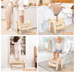 Toddler Step Stool, Wooden 2-Step Stool for Kids, Foldable Potty Training Stool with Handles for Bathroom Sink, Kitchen, Bedroom