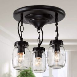 Uolfin Modern Mason Jar Pendant Light Firefly 3-Light Farmhouse Deep Brown Hanging Ceiling Light 