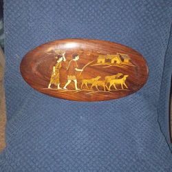 Oblong Painted Wood Carving Wall Pic