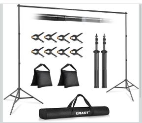 EMART Backdrop Stand 10x7ft(WxH) Photo Studio Adjustable Background Stand Support kit with 2 Crossbars, 8 Clamps, 2 Sandbags and Carry Bag for Parties