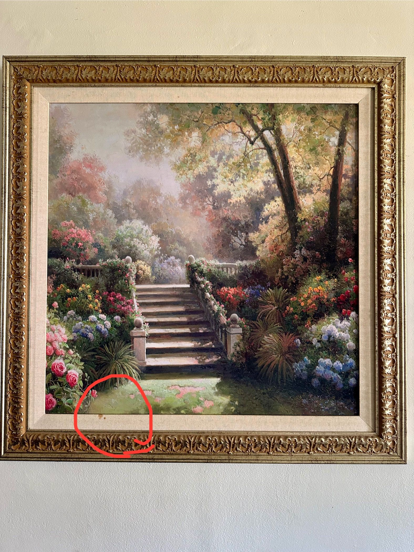 Bonito cuadro con dibujo de jardín, tiene una pequeña mancha como se muestra en la foto