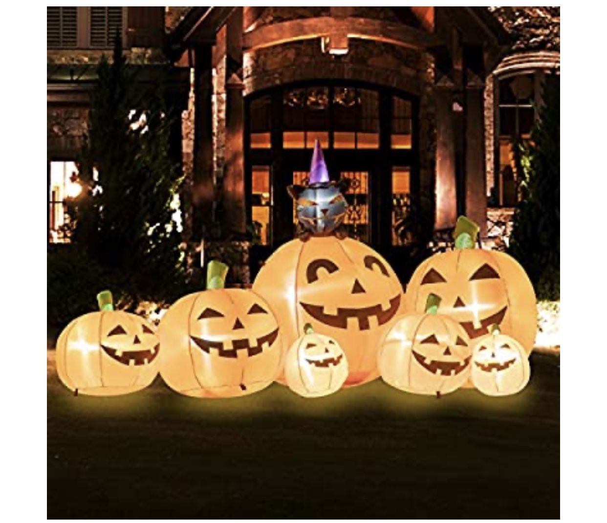 Brand New| Inflatable Pumpkin Huge Halloween 7 FT Long Inflatable 7 Pumpkins with Witch's Cat for Blow Up Yard Decoration - Lawn Inflatables Home Fam