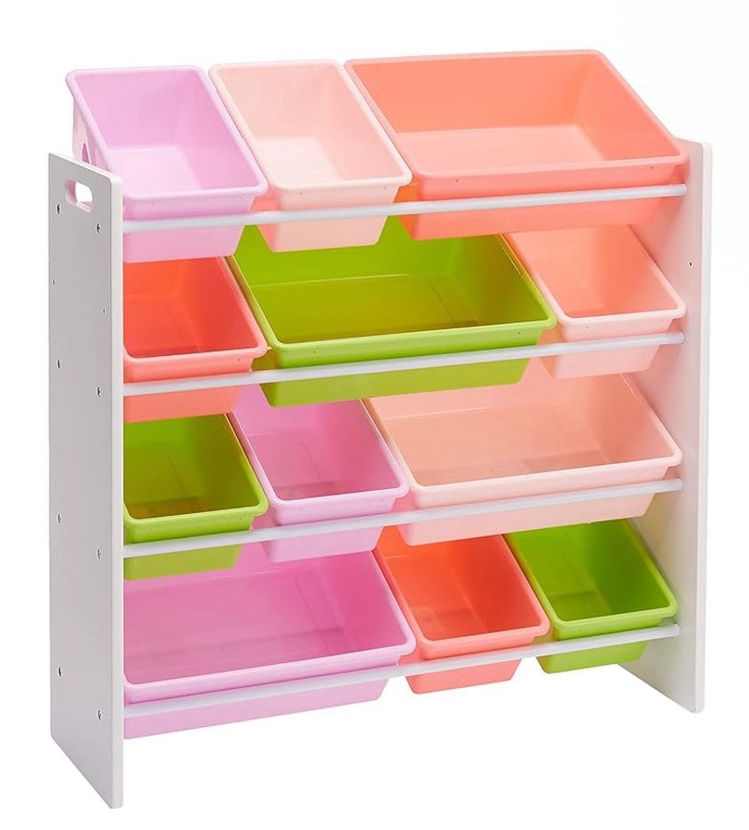 Kids Toy Storage Organizer With 12 Plastic Bins, White Wood With Pink And Green Bins, 10.9" D x 33.6" W x 31.1" H