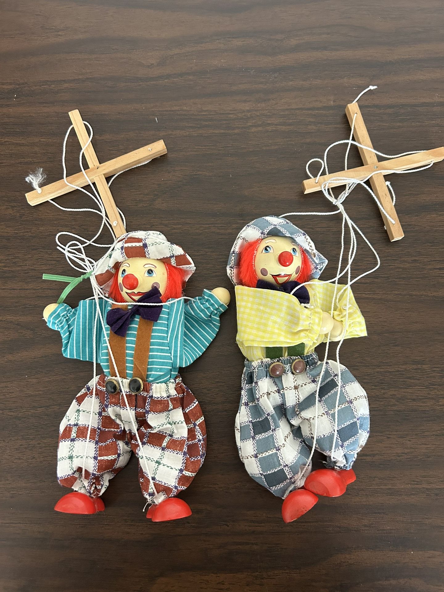 Vtg Dancing String, Puppet Clown. Marionette Carved Wood Boy Fabric.