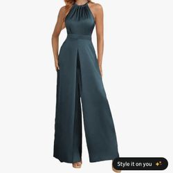 S deer romper silk size medium Teal blue halter neck jumpsuit with wide leg  not strechy b