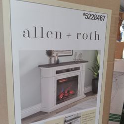 NEW Allen Roth 51" Electric Fireplace White Faux Marble Finish w/Gray Oak Finish Top