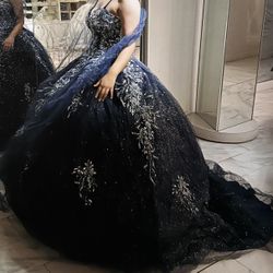 Quinceanera Dress, Navy Blue And Bouquet