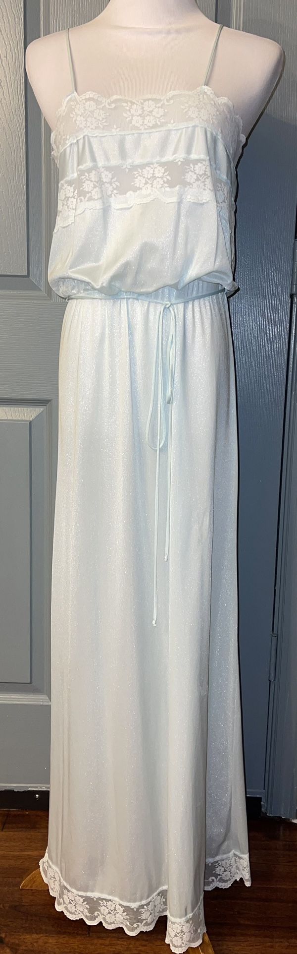 Flair Vintage Lace Trim Blue Long Nylon Nightgown. Made In USA