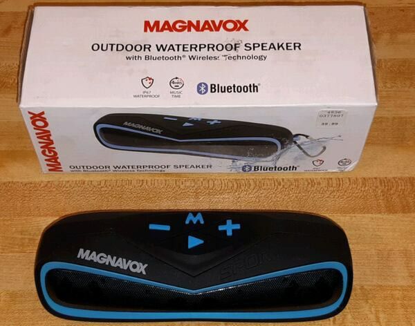 BRAND NEW IN BOX MAGNAVOX PORTABLE BLUETOOTH WIRELESS OUTDOOR IP67 WATERPROOF SPEAKER MODEL MMA-3639 4 HOUR MUSIC TIME, TYPE D CHARGING INPUT CHARGING