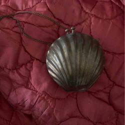 Rare Antique Brass Clamshell Purse Lined With Red Velvet.