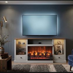 New 70” Fireplace Media Console | White & Wood Finish | LED Lighting