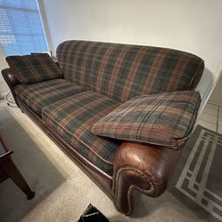 Sofa Couch With Real Leather Trim And Goose Down Pillows