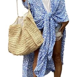 Women Long Beach Kimono Curve Hem Loose Open Front Bathing Suit Cover up