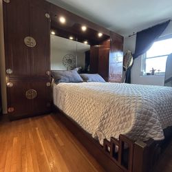Boho Henredon Queen Bed & Side Armoires With Lighting
